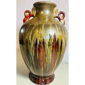 Vtg Vase Ceramic Drip Glaze Metallic Gold Red Olive Swirl Handles Mystique 12in